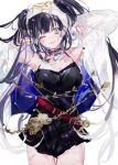  1girl arms_up bangs belt black_dress black_hair blue_eyes blush breasts buttons cowboy_shot dress jacket large_breasts long_hair one_eye_closed open_clothes open_jacket original red_belt shia_job smile solo spaghetti_strap twintails white_jacket 