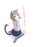  1girl absurdres animal_ears argyle asymmetrical_hair beige_cardigan blue_shirt bob_cut cardigan cat_ears cat_tail collared_shirt crescent crescent_hair_ornament dress_shirt grey_hair grey_legwear grey_skirt hair_ornament hairclip highres kobayashi_nyoromichi love_live! love_live!_nijigasaki_high_school_idol_club nakasu_kasumi neck_ribbon nijigasaki_academy_uniform plaid plaid_skirt pleated_skirt red_eyes ribbon school_uniform shirt short_hair short_sleeves simple_background sitting skirt summer_uniform sweater_vest tail translated vest wariza white_background white_shirt white_vest yellow_neckwear 