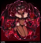  1girl artist_name barefoot bikini black_hair breasts copyright dark-skinned_female dark_skin demon_girl demon_horns demon_tail demon_wings facial_tattoo fangs full_body gradient_hair hair_between_eyes highres horns multicolored_hair navel open_mouth original red_eyes redhead sharp_toenails small_breasts smile solo suparu_(detteiu) swimsuit tail tattoo toenails wings 