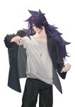  1boy black_jacket black_pants closed_eyes cowboy_shot fengxi_(the_legend_of_luoxiaohei) gihuta_hiroshi hair_over_one_eye highres jacket jewelry long_hair long_sleeves male_focus necklace pants pointy_ears purple_hair shirt short_sleeves simple_background solo the_legend_of_luo_xiaohei white_background white_shirt 