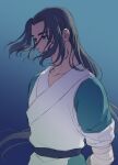  1boy arms_behind_back black_eyes black_hair blue_background gradient gradient_background highres long_hair micho short_sleeves solo the_legend_of_luo_xiaohei upper_body very_long_hair wuxian_(the_legend_of_luoxiaohei) 