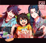  3boys animal_ears black_hair blue_eyes blue_hair cat_boy cat_ears closed_eyes controller cup drawstring fengxi_(the_legend_of_luoxiaohei) food green_eyes grey_sweater highres holding holding_cup hood hood_down hoodie looking_at_viewer luoxiaohei micho multiple_boys pointy_ears popcorn purple_hair purple_shirt remote_control shadow shirt sweater the_legend_of_luo_xiaohei wuxian_(the_legend_of_luoxiaohei) yellow_shirt 