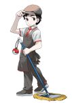  1boy apron bangs black_hair brown_eyes brown_headwear case-k closed_mouth collared_shirt commentary_request full_body grey_footwear grey_pants grey_vest hand_on_headwear hat highres holding holding_mop looking_back male_focus mop original pants poke_ball pokemon shirt shoes short_hair short_sleeves simple_background solo standing vest waist_apron white_background white_shirt 