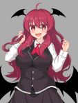  1girl :d absurdres ahoge black_dress black_vest black_wings blush breasts demon_girl demon_wings dress hand_in_hair head_wings highres imp koakuma large_breasts ody_kishi open_mouth red_eyes red_neckwear redhead smile touhou upper_body vest wings 