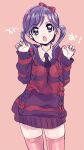  1girl amezawa_koma aran_sweater bow collared_shirt contrapposto fingernails hair_bow hands_up long_sleeves looking_at_viewer necktie open_mouth orange_background original pink_legwear purple_hair red_bow shirt solo striped striped_sweater sweater thigh-highs twintails violet_eyes wing_collar 