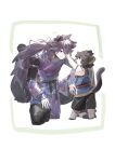  2boys animal_ears arm_up black_hair cat_ears cat_tail fengxi_(the_legend_of_luoxiaohei) gihuta_hiroshi hair_over_one_eye highres long_hair long_sleeves luoxiaohei multiple_boys profile purple_hair short_hair short_sleeves squatting tail the_legend_of_luo_xiaohei very_long_hair 