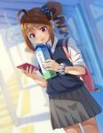  1girl ahoge backpack bag bangs blue_neckwear blue_scrunchie blue_sweater blurry blurry_background brown_hair cellphone closed_mouth commentary day depth_of_field dress_shirt drill_hair drinking drinking_straw dutch_angle eyebrows_visible_through_hair grey_skirt holding holding_phone idolmaster idolmaster_million_live! kamille_(vcx68) medium_hair milk_carton miniskirt necktie outdoors phone pleated_skirt print_scrunchie scrunchie shirt side_drill side_ponytail skirt sleeves_rolled_up smartphone solo standing star_(symbol) star_print sweater sweater_vest train_station violet_eyes white_scrunchie white_shirt wing_collar wrist_scrunchie yokoyama_nao 