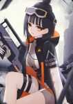  1girl absurdres black_hair breasts caws_(girls_frontline) eyeliner german_flag girls_frontline goggles goggles_on_head gun hair_bun highres makeup medium_breasts parted_lips shotgun sitting solo thomas_8000 weapon yellow_eyes 