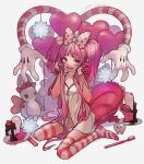 1girl babydoll bangs bare_arms bow collarbone dangan_ronpa_(series) dangan_ronpa_another_episode:_ultra_despair_girls dated fake_horns flat_chest gloves heart highres holding holding_hair horns long_hair looking_at_viewer no_shoes pink_eyes pink_hair polka_dot rei_(tdn_ng) signature smile solo striped striped_legwear stuffed_animal stuffed_toy tears teddy_bear thigh-highs tooth toothbrush twintails upper_teeth utsugi_kotoko white_gloves 