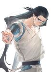  1boy black_hair blue_eyes gihuta_hiroshi highres long_hair male_focus short_sleeves simple_background solo the_legend_of_luo_xiaohei upper_body very_long_hair white_background wuxian_(the_legend_of_luoxiaohei) 