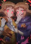  2girls blood blood_on_face bloody_clothes blush breasts brown_hair crazy dual_persona evil_smile gloves hair_ornament hairclip hand_on_own_face highres holding holding_knife holding_weapon knife looking_at_viewer medium_breasts multiple_girls murder red_eyes senki_zesshou_symphogear senki_zesshou_symphogear_xd_unlimited short_hair smile tachibana_hibiki_(symphogear) violence weapon yandere yukitsuba_hina 