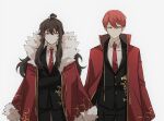  1boy 1girl black_jacket black_pants brown_hair chel_(ttt_lc) closed_mouth collared_shirt crossed_arms formal fur_trim highres jacket library_of_ruina long_hair long_sleeves lowell_(library_of_ruina) necktie orange_eyes pants red_eyes red_neckwear red_robe redhead robe shirt smile suit suit_jacket tie_clip white_background white_shirt xiao_(library_of_ruina) 