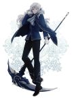  1boy absurdres argalia_(library_of_ruina) ascot blue_cape blue_eyes blue_theme cape chel_(ttt_lc) closed_mouth curly_hair full_body gloves hair_ornament hand_in_hair highres holding holding_scythe holding_weapon library_of_ruina long_hair long_sleeves scythe smirk solo weapon white_gloves white_hair white_neckwear 