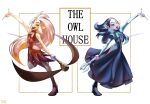  2girls absurdres black_dress black_hair blue_eyes chest_jewel dress edalyn_clawthorne grey_hair highres lilith_clawthorne looking_at_viewer multiple_girls pale_skin pointy_ears siblings sisters sleeveless smile staff the_owl_house tige_(tigedee) wings yellow_eyes 