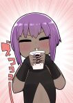  1girl bangs bare_shoulders black_bodysuit blush bodysuit chibi closed_eyes closed_mouth cup dark-skinned_female dark_skin disposable_cup drinking_straw eyebrows_visible_through_hair facing_viewer fate/prototype fate/prototype:_fragments_of_blue_and_silver fate_(series) hassan_of_serenity_(fate) highres holding holding_cup i.u.y purple_hair solo translation_request upper_body v-shaped_eyebrows 
