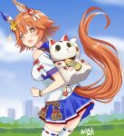  +_+ 1girl :d animal_ears backpack bag bare_shoulders blue_skirt blush bow breasts brown_eyes brown_hair commentary_request daruma_doll day hair_ornament horse_ears horse_girl horse_tail leaning_forward looking_at_viewer looking_to_the_side maneki-neko matikanefukukitaru_(umamusume) medium_breasts open_mouth outdoors pleated_skirt red_bow retsumaru ribbon-trimmed_legwear ribbon_trim shirt short_hair short_sleeves signature skirt smile solo sparkle tail thigh-highs umamusume white_legwear white_shirt 