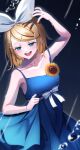  1girl :d absurdres arm_up bangs bare_arms bare_shoulders blonde_hair blue_dress blue_eyes bow breasts brown_nails collarbone commentary_request dress flower hair_ornament hair_ribbon hairband hairclip highres huge_filesize inu8neko kagamine_rin nail_polish open_mouth pleated_dress rain ribbon sleeveless sleeveless_dress small_breasts smile solo sunflower sweat swept_bangs upper_teeth vocaloid white_bow white_hairband white_ribbon yellow_flower 