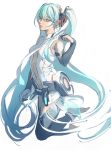  1girl aqua_eyes aqua_hair black_legwear breasts elbow_gloves gloves hatsune_miku highres kneeling long_hair navel open_clothes open_shirt partially_fingerless_gloves small_breasts solo tunapon01 twintails very_long_hair vocaloid 