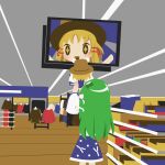  2girls absolutely_losing_it_over_this_picture_of_my_brother_with_his_baby_(meme) blonde_hair cobalta derivative_work detached_sleeves dress food frog from_behind green_hair hair_ornament hair_ribbon hat indoors kochiya_sanae long_hair meme moriya_suwako multiple_girls open_mouth photo-referenced red_ribbon ribbon short_hair standing touhou 