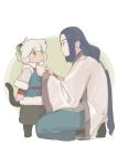  2boys animal_ears black_hair cat_ears cat_tail fur_trim gihuta_hiroshi green_eyes highres long_hair long_sleeves luoxiaohei multiple_boys profile smile squatting standing tail the_legend_of_luo_xiaohei very_long_hair white_hair wide_sleeves wuxian_(the_legend_of_luoxiaohei) 