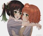  2girls bangs black_hair blush bow collared_shirt gradient_hair green_bow green_eyes green_hair hair_bow hands_on_another&#039;s_shoulders kiss love_live! love_live!_nijigasaki_high_school_idol_club medium_hair multicolored_hair multiple_girls nijigasaki_academy_uniform orange_hair pink_hair saliva saliva_trail shirt side_bun streaked_hair sweater_vest swept_bangs takasaki_yuu twintails two-tone_hair uehara_ayumu white_shirt yellow_eyes yuri 