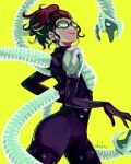  1girl black_bodysuit bodysuit doctor_octopus from_side goggles hair_behind_ear head_tilt highres looking_at_viewer marvel mechanical_tentacles olivia_octavius open_hand parted_lips redhead smile solo spider-man:_into_the_spider-verse spider-man_(series) sushi_pizza_rrr tied_hair yellow_eyes 