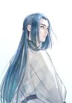  1boy absurdres blue_eyes blue_hair expressionless from_behind highres long_hair long_sleeves male_focus micho simple_background solo the_legend_of_luo_xiaohei white_background wuxian_(the_legend_of_luoxiaohei) 