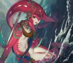  1girl breasts brown_eyes closed_mouth colored_skin fins fish_girl from_side hair_ornament highres holding holding_weapon jewelry long_hair looking_at_viewer mipha monster_girl multicolored multicolored_skin no_eyebrows pointy_ears red_skin redhead rei_(tdn_ng) rope smile solo the_legend_of_zelda the_legend_of_zelda:_breath_of_the_wild water weapon yellow_eyes zora 
