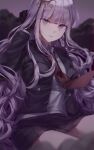  1girl bangs black_gloves black_jacket blunt_bangs braid commentary_request dangan_ronpa:_trigger_happy_havoc dangan_ronpa_(series) eyebrows_visible_through_hair food food_on_head gloves hair_ornament hair_ribbon highres ipeulo jacket kirigiri_kyouko long_hair long_sleeves looking_at_viewer miniskirt necktie noodles object_on_head open_clothes open_jacket parted_lips pleated_skirt purple_hair ramen red_neckwear ribbon shirt side_braid single_braid skirt solo violet_eyes white_shirt 