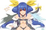 1girl ? angel_wings artist_name asymmetrical_wings bangs bare_shoulders belt black_panties breasts center_opening choker collarbone detached_sleeves dizzy_(guilty_gear) guilty_gear guilty_gear_x guilty_gear_xx hair_between_eyes hair_ribbon hair_rings hand_on_own_chest huki large_breasts long_hair long_sleeves looking_at_viewer looking_up navel panties puffy_long_sleeves puffy_sleeves red_eyes ribbon signature sitting solo stomach tail tail_ornament tail_ribbon thigh_gap thighs twintails underwear white_background wings yellow_ribbon 