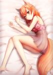  1girl animal_ear_fluff animal_ears arms_up bangs bare_arms bare_shoulders barefoot bed_sheet blush braid closed_mouth commentary commission english_commentary eyebrows_visible_through_hair fox_ears fox_girl fox_tail hair_between_eyes highres lingerie lying on_side orange_eyes orange_hair original panties prophosphere see-through signature smile solo tail underwear white_panties 