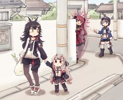  4girls animal_ears chibi child full_body hat heart highres holding_hands hololive houshou_marine multiple_girls nakiri_ayame ookami_mio oozora_subaru police_hat stalking tail tail_around_leg tail_wrap tonton_(tonz159) virtual_youtuber walking wolf_ears wolf_girl wolf_tail younger 