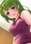 1girl absurdres alternate_costume blue_eyes blurry braid commentary_request depth_of_field green_hair highres indoors kantai_collection long_hair looking_at_viewer makura_(user_jpmm5733) mole mole_under_mouth purple_tank_top single_braid smile solo tank_top upper_body very_long_hair yuugumo_(kancolle) 