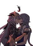  2girls bangs black_hair blue_eyes blush china_dress chinese_clothes closed_eyes dress dual_persona feathers fu_hua fu_hua_(herrscher_of_sentience) fu_hua_(valkyrie_accipter) gloves hair_between_eyes hair_ornament honkai_(series) honkai_impact_3rd kiss long_hair long_sleeves looking_at_another multiple_girls selfcest simple_background sleeveless white_background white_gloves zaraku 