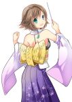  1girl blue_eyes brown_hair detached_sleeves final_fantasy final_fantasy_x green_eyes hair_ornament hakama heterochromia japanese_clothes looking_at_viewer obi open_mouth short_hair simple_background smile solo tinkle2013 white_background yuna_(ff10) 