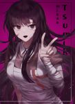  1girl :d apron bandaged_arm bandages bandaid bandaid_on_face bangs black_hair blunt_bangs blush breasts character_name collared_shirt commentary_request dangan_ronpa_(series) dangan_ronpa_2:_goodbye_despair fingernails hand_up highres ipeulo large_breasts long_fingernails long_hair looking_at_viewer mole mole_under_eye open_mouth pink_shirt puffy_short_sleeves puffy_sleeves purple_background purple_hair shirt short_sleeves skirt smile solo tsumiki_mikan upper_body v 