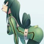  1girl all_fours animal arched_back ass asui_tsuyu bangs belt blush bodysuit boku_no_hero_academia breasts commentary_request frog from_side gloves green_bodysuit green_eyes green_hair grey_background grey_belt hair_rings highres kobaji long_hair long_sleeves long_tongue looking_at_viewer low-tied_long_hair medium_breasts shiny shiny_clothes simple_background smile solo tongue tongue_out wet 