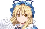  1girl bangs blonde_hair blue_headwear blue_ribbon closed_mouth cosplay fan folding_fan hat hat_ribbon holding holding_fan looking_at_viewer mob_cap portrait ribbon saigyouji_yuyuko saigyouji_yuyuko_(cosplay) simple_background smile solo sugiyama_ichirou touhou triangular_headpiece white_background yakumo_yukari yellow_eyes 