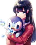  1girl akihorisu bangs black_hair blue_eyes bubble closed_mouth coat commentary_request hikari_(pokemon) eyelashes gen_4_pokemon hair_ornament hairclip holding holding_pokemon long_hair long_sleeves looking_at_viewer piplup pokemon pokemon_(creature) pokemon_(game) pokemon_dppt pokemon_platinum red_coat scarf smile starter_pokemon 