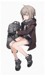  1girl antenna_hair backpack backpack_removed bag bangs black_gloves closed_mouth girls_frontline gloves grey_hair hair_between_eyes headphones headphones_around_neck highres holding jacket legs looking_down m200_(girls_frontline) necktie polo_shirt ponytail shirt shoes simple_background sitting sneakers socks solo tablet_pc violet_eyes white_background white_shirt yoni_(zhang) 