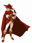  1boy belt brown_hair butz_klauser cape closed_mouth final_fantasy final_fantasy_v hair_between_eyes hat hat_feather leather male_focus one_eye_closed red_cape red_headwear red_mage saito_piyoko sheath simple_background smile solo white_background 