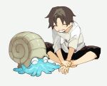  1boy bangs barefoot blush brown_hair brown_pants capri_pants closed_eyes commentary_request gen_1_pokemon grin hands_together male_focus newo_(shinra-p) omanyte pants parted_bangs pokemon pokemon_(creature) short_hair simple_background sitting smile spread_legs teeth white_background 