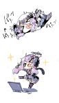  &gt;_&lt; 1girl afterimage ajishio black_jacket blush_stickers chibi commentary computer criss-cross_halter dress hair_ornament hair_tubes halterneck highres holding holding_stylus jacket keyboard_(computer) lying mouse_(computer) multiple_views on_stomach open_mouth purple_dress purple_hair purple_legwear sidelocks sketch smile sparkle stylus translated vocaloid voiceroid white_background yuzuki_yukari 