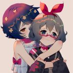  2girls black_hair blue_eyes bow bow_hairband bowtie dress hairband hk_(hk) hug hug_from_behind konno_junko long_sleeves low_twintails mizuno_ai multiple_girls pink_bow red_eyes sailor_dress semi-rimless_eyewear short_hair simple_background sleeveless twintails white_hair yuri zombie_land_saga 