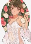  1girl absurdres bangs brown_eyes brown_hair camisole detached_sleeves earrings flower flower_earrings hand_up highres holding holding_flower jewelry leaf medium_hair original pink_flower qooo003 see-through shadow solo tulip upper_body white_camisole white_flower 