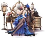  1girl ark_order bag bangs bare_back bare_shoulders black_gloves black_legwear blue_dress blue_headwear breasts cat crossed_legs desk_lamp dress gloves handbag hat high_heels holding holding_shoes lamp large_breasts mirror official_art pantyhose plant potted_plant red_cucumber red_eyes shoes sitting transparent_background 