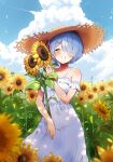  1girl absurdres blue_hair closed_eyes clouds collarbone commentary_request day dress facing_viewer field flower flower_field hair_ornament hat highres holding holding_flower oh_(aung_ae) outdoors petals re:zero_kara_hajimeru_isekai_seikatsu rem_(re:zero) short_hair smile solo summer sunflower white_dress x_hair_ornament yellow_flower 