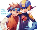  2boys :d ;d arm_around_shoulder artist_name blue_headband blue_headwear blush bodysuit brown_eyes brown_hair brown_vest commentary_request covered_collarbone dated english_text green_eyes hand_on_another&#039;s_shoulder hand_on_hip happy happy_birthday headband helmet highres lan_hikari_(mega_man) long_sleeves male_focus mega_man_(series) mega_man_battle_network megaman.exe multiple_boys netnavi one_eye_closed open_mouth purple_bodysuit shadow shirt short_hair simple_background smile spiky_hair teeth twitter_username upper_body upper_teeth v vest white_background white_shirt zero-go 