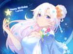  1girl blue_flower braid breasts capelet character_name collarbone crown dress english_commentary flower hair_behind_ear happy_birthday indie_virtual_youtuber kgr leaning_back lyrica_(vtuber) medium_breasts open_hand pink_hair side_bun smile solo star_(symbol) violet_eyes virtual_youtuber white_dress 