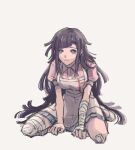  1girl apron bandaged_arm bandaged_leg bandages bandaid bandaid_on_knee bangs black_hair blue_skirt breasts collared_shirt commentary_request dangan_ronpa_(series) dangan_ronpa_2:_goodbye_despair large_breasts long_hair looking_at_viewer messy_hair mole mole_under_eye parted_lips pleated_skirt puffy_short_sleeves puffy_sleeves r37_k53 shirt short_sleeves sitting skirt solo sweatdrop teeth tsumiki_mikan wariza 